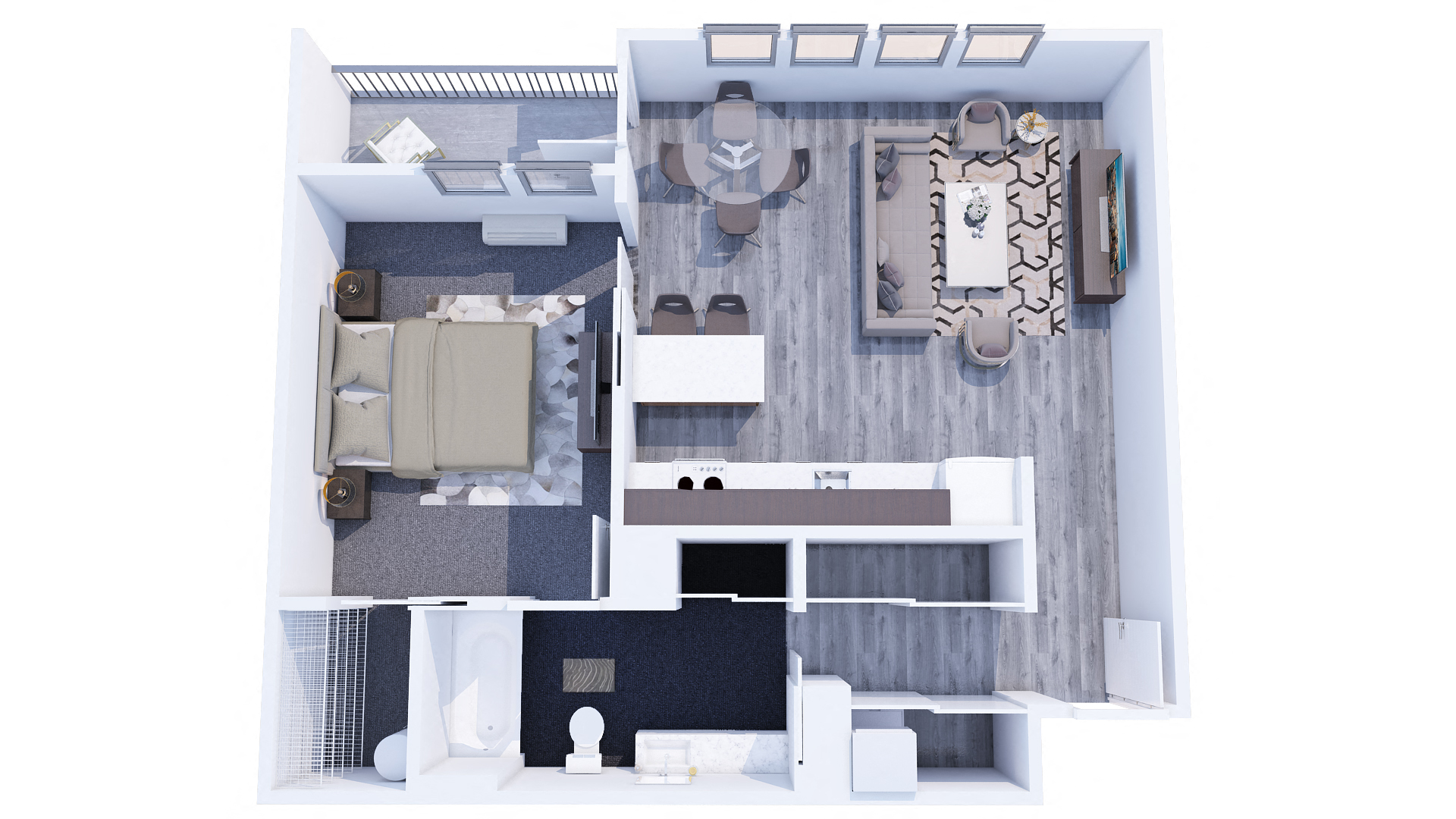 Floor plan for 1 bed, 1 bath, 715 sqft